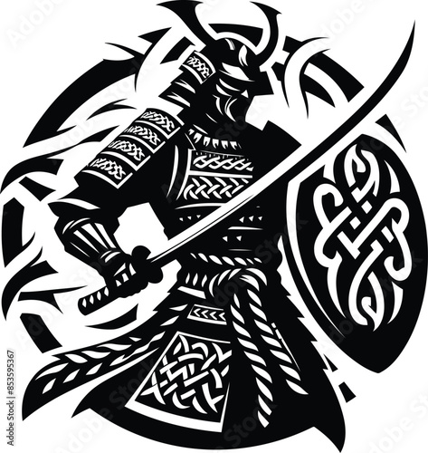 samurai in silhouete with celtic knot pattern illustration