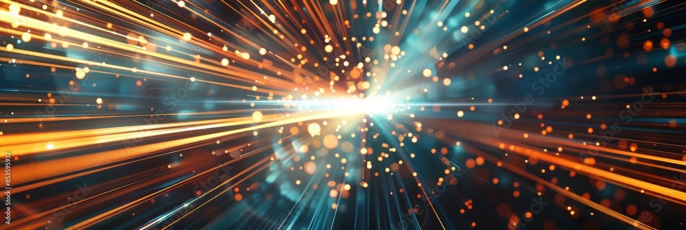 Fototapeta premium A futuristic background with an explosion of orange and blue lights, creating a dynamic effect. This abstract design is perfect for backgrounds or web pages related to technology