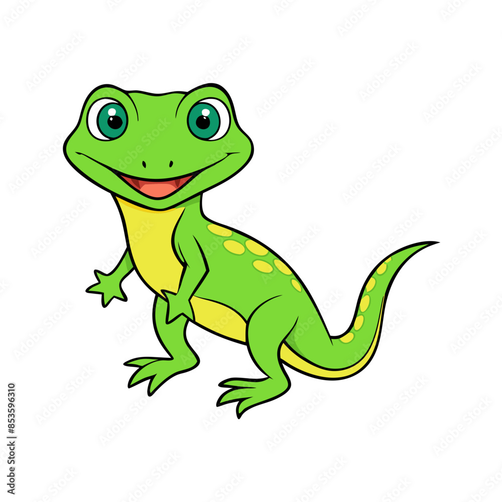 Fototapeta premium Cartoon illustration of a bright green lizard with a long tail. 