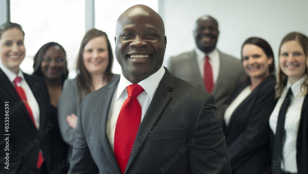 a group of diverse business people smiling and standing in front of the camera, african american man wearing black suit with red a group of diverse business people smiling and standing in front of the camera, african american man wearing black suit with red
