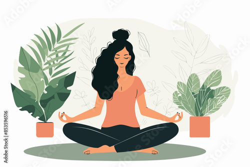 Woman practicing deep breathing exercise while sitting in lotus pose, promoting relaxation and wellbeing