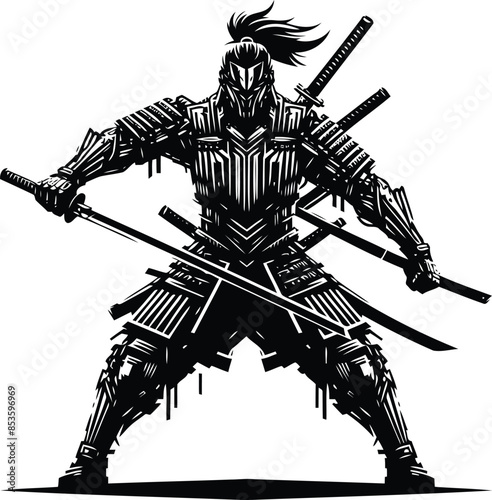 samurai silhouete with cyberpunk pattern illustration