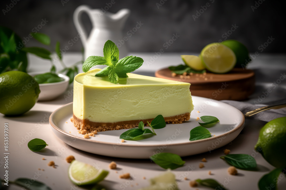 A beautifully presented lime cheesecake slice on a plate garnished with fresh mint leaves and lime slices.