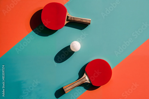 vibrant illustration of Ping Pong rackets and ball background with space for text. World Table Tennis Day. Ping-pong posters design. Tournament Announcement, invitation card. Sport club.  photo