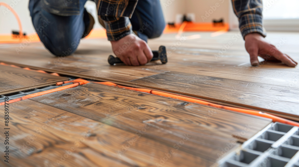 A man is putting in new wood flooring over a heated film floor. The floor heating system is under the laminate flooring. A man is putting in new wood flooring over a heated film floor. The floor heating system is under the laminate flooring.