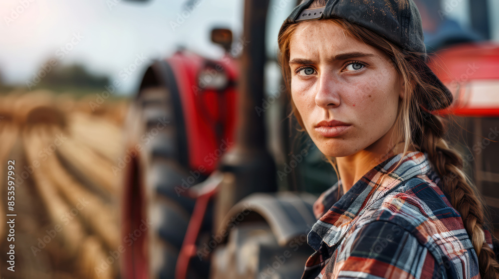 Portrait of a  female farmer in front of tractor in field. 
