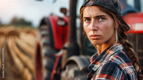 Portrait of a female farmer in front of tractor in field. 