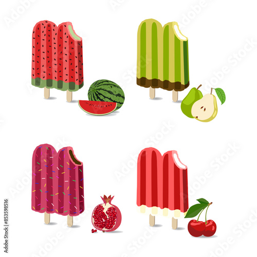 delicious ice cream in double stick with two flavors flat style vector illustration. Set or collection. Isolated on white background. Pear, watermelon, cherry and pomegranate flavors.