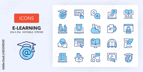 Line icons about online education. Contains such icons as e-learning, virtual campus, unlimited access and more. 256x256 Pixel Perfect editable in two colors