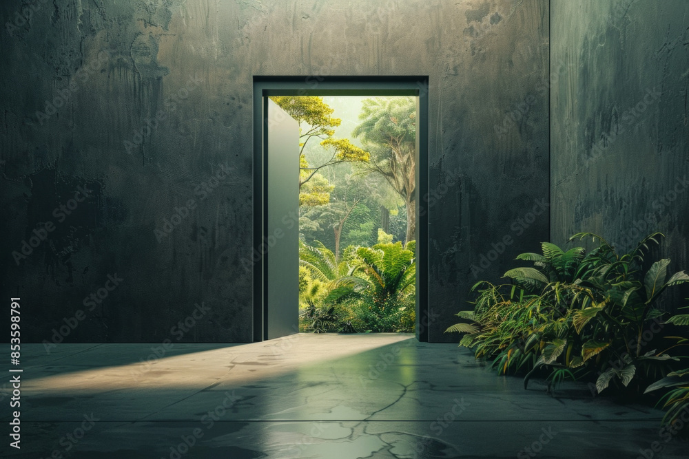 A simple door set in a minimalist, monochromatic wall, opening to reveal a vibrant, lush nature scene. TIdea of escaping to tranquillity A simple door set in a minimalist, monochromatic wall, opening to reveal a vibrant, lush nature scene. TIdea of escaping to tranquillity