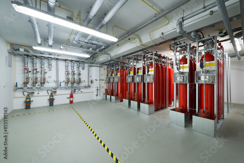 Red large fire extinguishers at data center