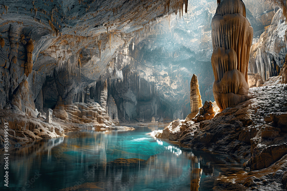 Generative ai on theme of a large beautiful sharp stalactites hanging down from deep mountain cave Generative ai on theme of a large beautiful sharp stalactites hanging down from deep mountain cave