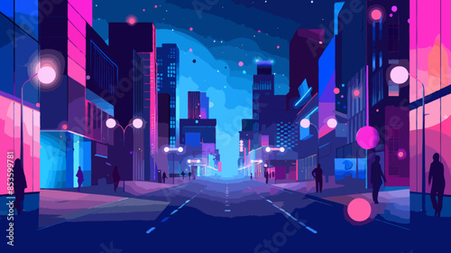 Vibrant city street at night with neon lights and silhouettes of people walking, modern buildings, and starry night sky