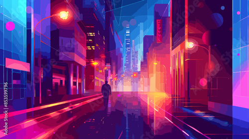 Futuristic Neon-Lit Urban Street at Night with Colorful Buildings and Reflections