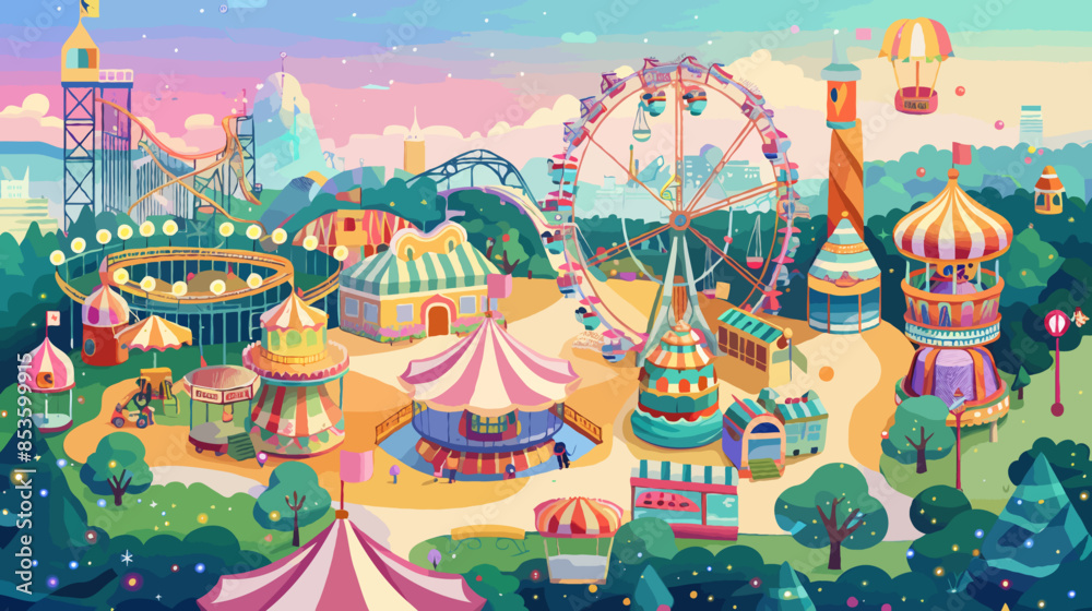 Vibrant Amusement Park with Ferris Wheel and Colorful Carnival Rides during Daytime Festival Vibrant Amusement Park with Ferris Wheel and Colorful Carnival Rides during Daytime Festival