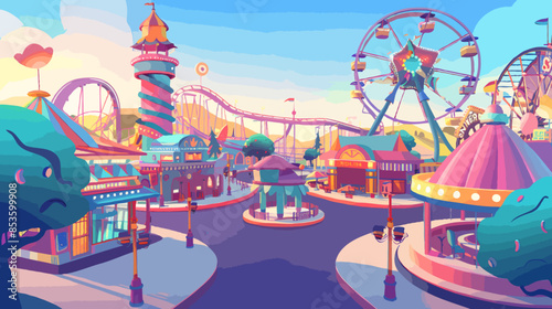 Colorful and Vibrant Daytime Amusement Park with Ferris Wheel, Roller Coaster, and Carousel Attractions