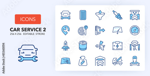 Line icons about car services. Contains such icons as repair service, garage location, cleaning and more. 256x256 Pixel Perfect editable in two colors. Set 2 of 2