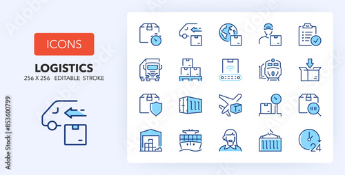 Line icons about shipping and logistics. Contains such icons as distribution, transportation, insurance and more. 256x256 Pixel Perfect editable in two colors