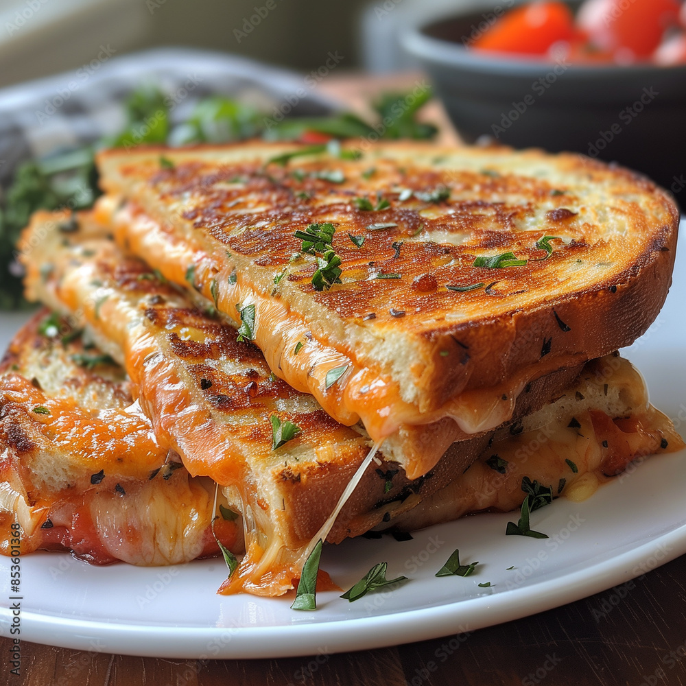 A closeup of an oversized, grilled cheese sandwich with dripping melted cheddar and mozzarella. A closeup of an oversized, grilled cheese sandwich with dripping melted cheddar and mozzarella.