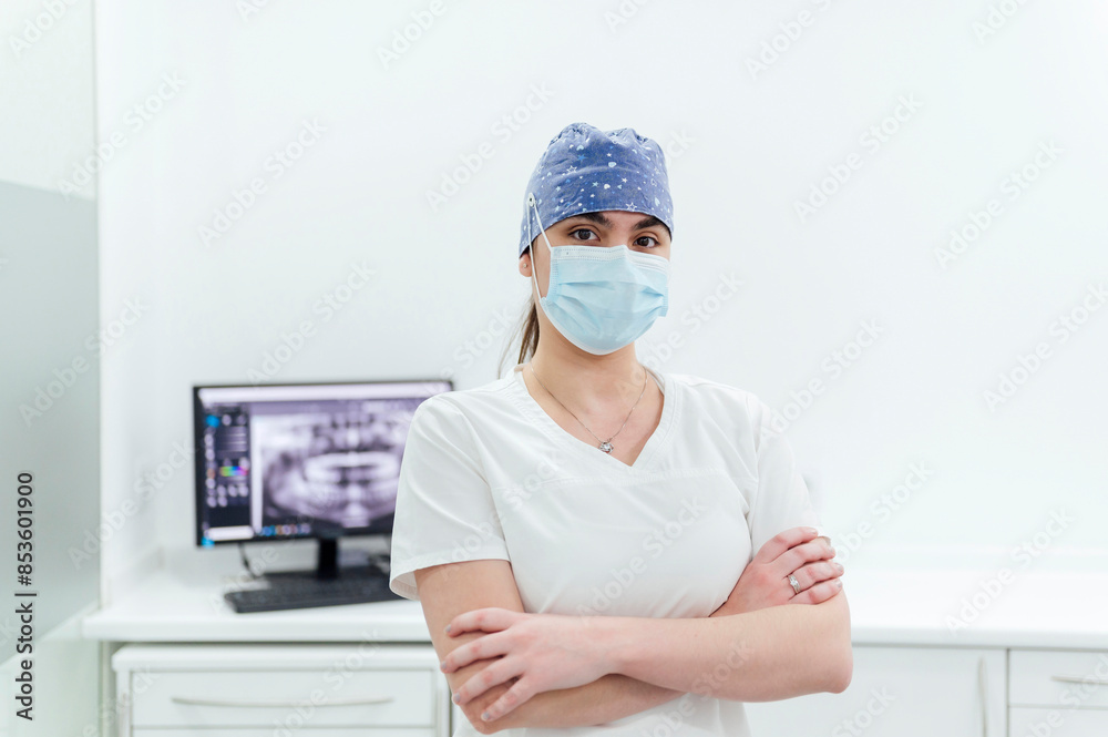 Dentist wearing mask and standing with arms crossed in dental clinic Dentist wearing mask and standing with arms crossed in dental clinic