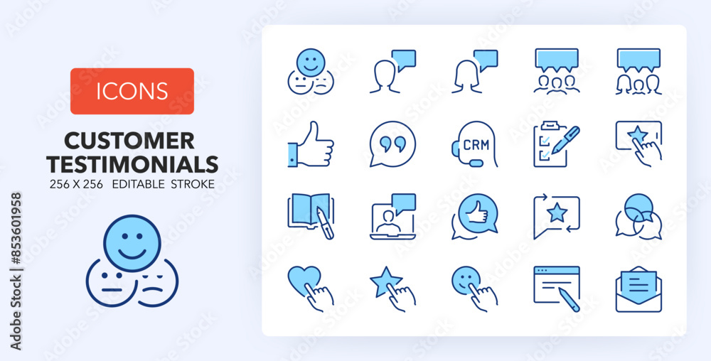 Line icons about customer testimonials. Contains such icons as ranking, feedback, quote and more. 256x256 Pixel Perfect editable in two colors Line icons about customer testimonials. Contains such icons as ranking, feedback, quote and more. 256x256 Pixel Perfect editable in two colors