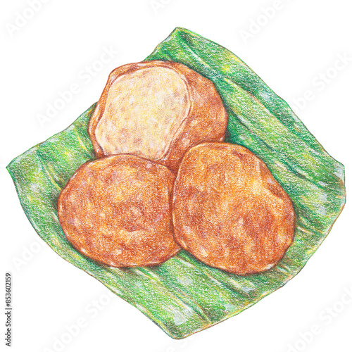 cekodok pisang, fried banana fritter balls, traditional snack from malaysia, classic street food painting with colored pencils photo