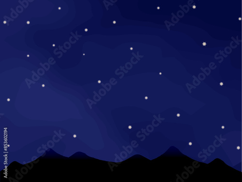水彩タッチで描いた山並みと星空の背景イラスト