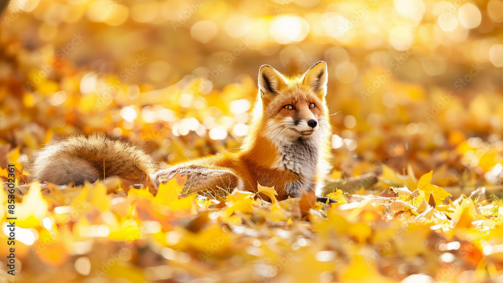 Wild Red Fox Lounging Among Bright Yellow Foliage in Autumn Forest
Wild Red Fox Lounging Among Bright Yellow Foliage in Autumn Forest