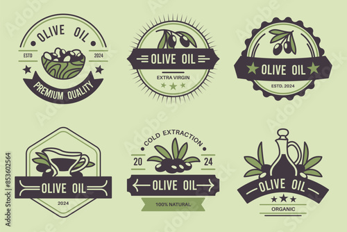 Olive products emblems. Natural food labels, extra virgin oil, leaves, twigs and fruits, packaging stickers with text design, minimal style premium product, tidy vector isolated set