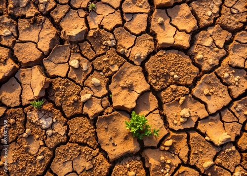 Small Plants Growing In Dry Cracked Earth. photo