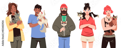 Happy owners with cats. Funny pets with people, guys and girls holding domestic animals in arms, different breeds and characters, veterinary cartoon flat style isolated tidy vector set