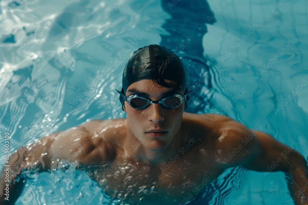 Naklejka premium Swimmer wearing a swim cap and goggles, standing in the pool and looking up, ready for a swim.