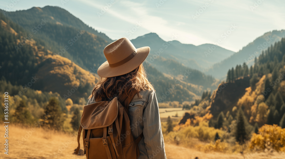 woman traveler looking at mountains and forest view woman traveler looking at mountains and forest view