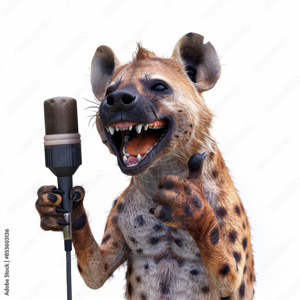 A laughing hyena with a comedian's mic, giving a thumbs up, on a white background A laughing hyena with a comedian's mic, giving a thumbs up, on a white background