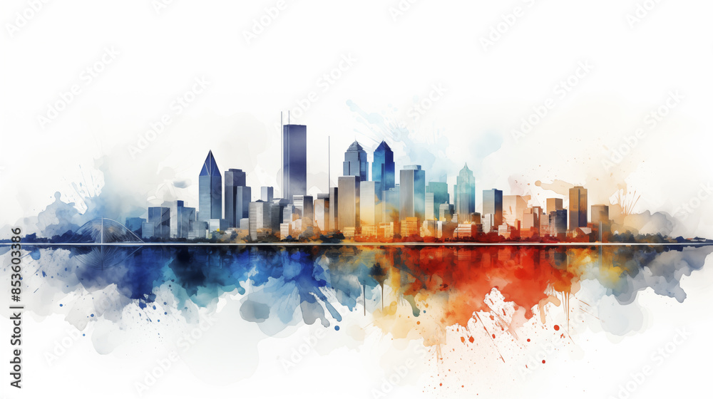 Fototapeta premium A watercolor painting of a cityscape. Vibrant cityscape with watercolor accents