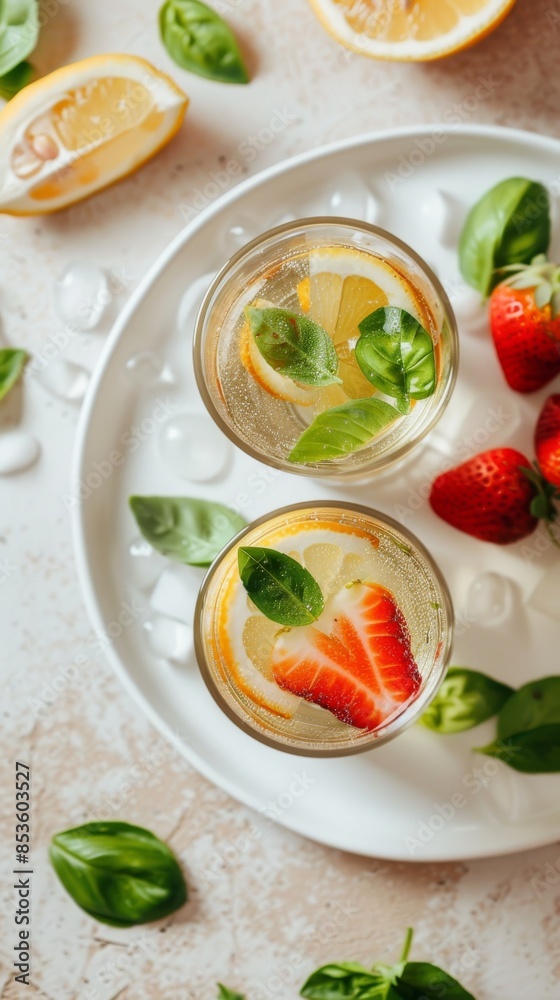 Two glass cups filled with lemonade and garnished with strawberries on a white plate Two glass cups filled with lemonade and garnished with strawberries on a white plate