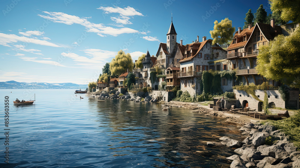 Beautiful Lake Constance With A Peaceful Lakeside Village As The Landscape Background Beautiful Lake Constance With A Peaceful Lakeside Village As The Landscape Background