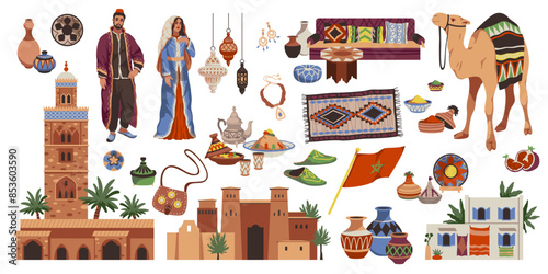 Cartoon morocco elements. Touristic travel, national flavor, man, woman in traditional clothes, arabic food, architecture, tableware and interior items and souvenirs, tidy vector isolated set