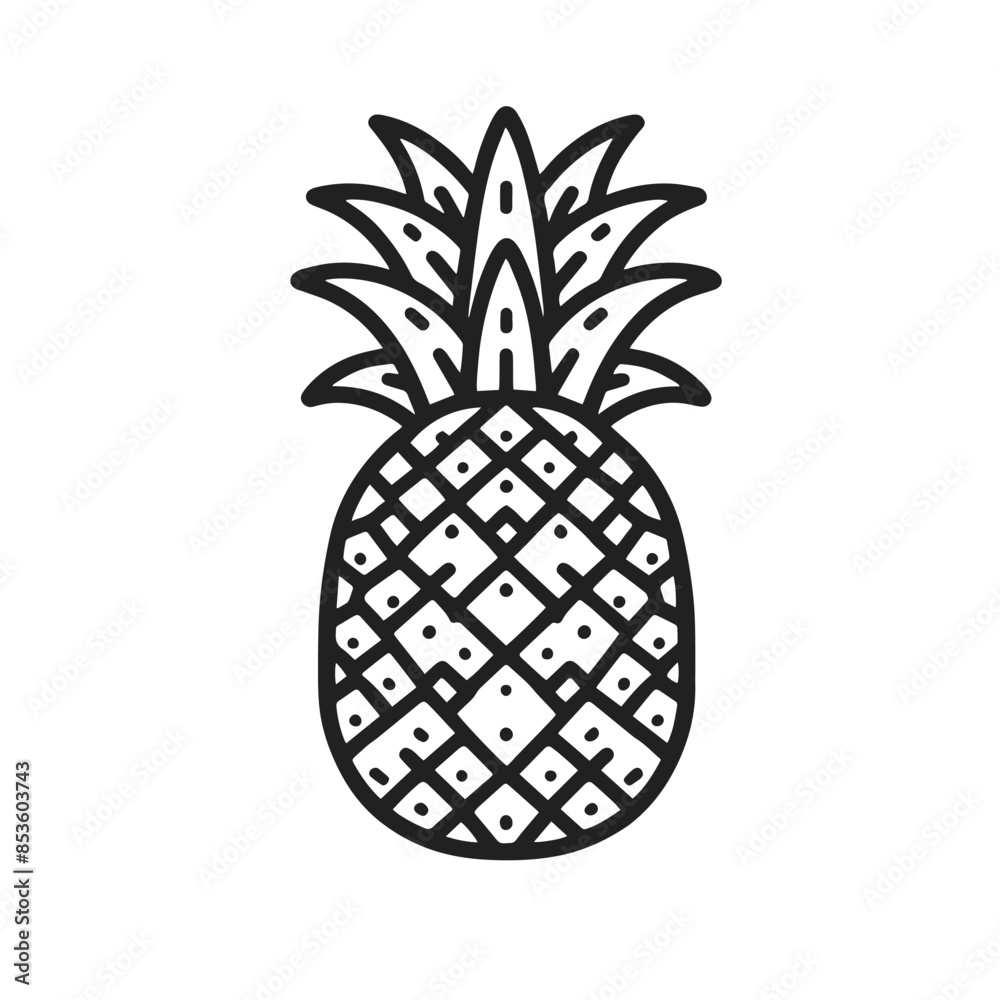 A pineapple is drawn in black and white. The pineapple is the main focus of the image, and it is the only object that is drawn in color A pineapple is drawn in black and white. The pineapple is the main focus of the image, and it is the only object that is drawn in color
