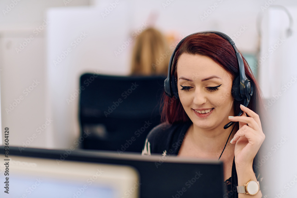 Friendly Call Center Agent Answering Incoming Calls with Headset Providing Remote Customer Service. Friendly Call Center Agent Answering Incoming Calls with Headset Providing Remote Customer Service.