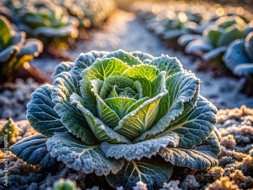 Wallpaper Mural Close-Up Of A Cabbage Plant Covered In Frost In The Early Morning Light. Torontodigital.ca