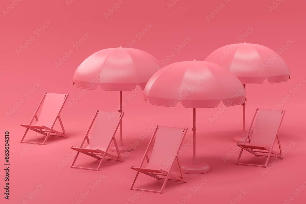 Beach chair with umbrella in a row on monochrome background. Beach chair with umbrella in a row on monochrome background.