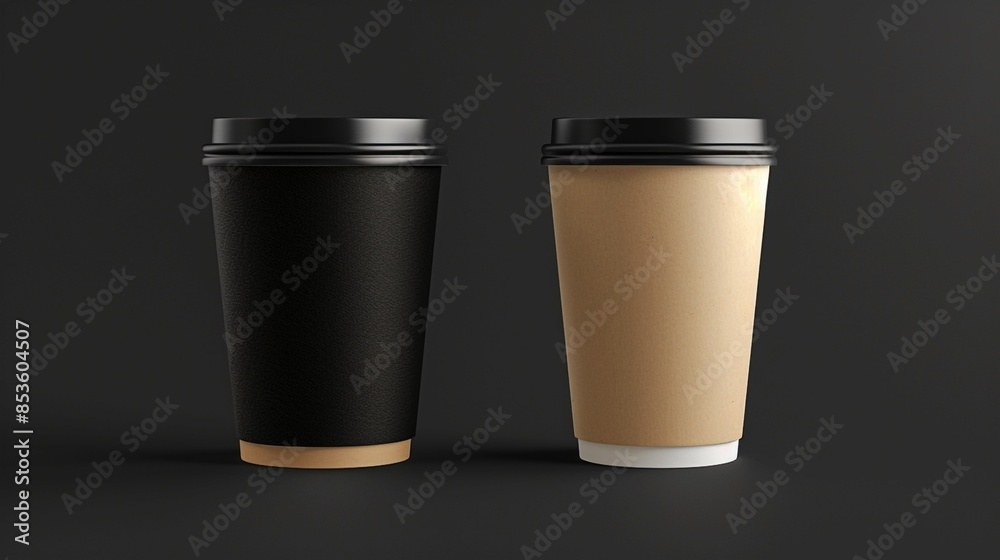 Black and Tan Paper Coffee Cups on Dark Background for Branding Mockup. Generative AI Black and Tan Paper Coffee Cups on Dark Background for Branding Mockup. Generative AI