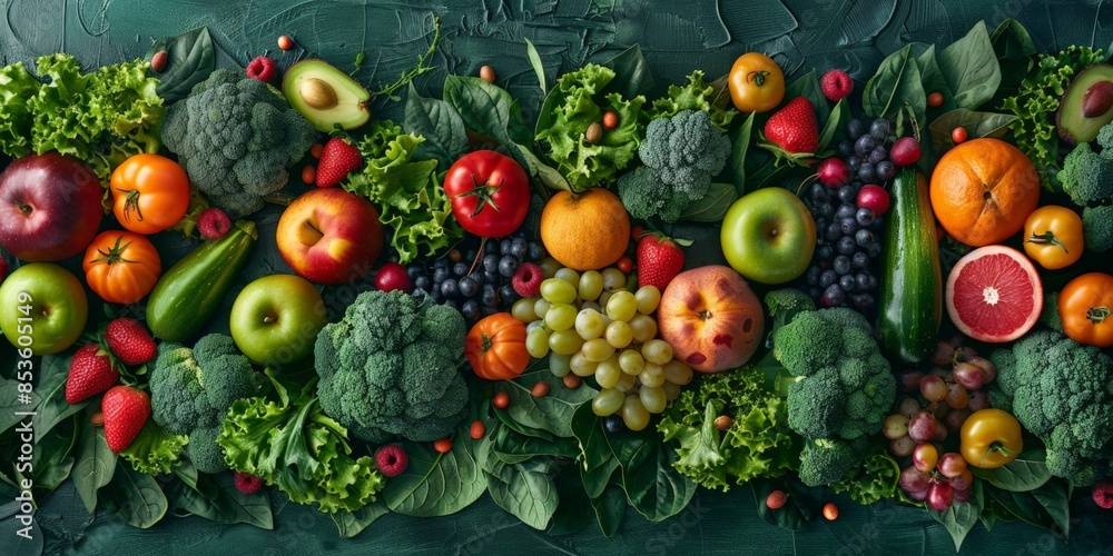 A rich array of fruits and vegetables, including greens, tomatoes, apples, and berries, displayed on a green surface, promoting a healthy lifestyle. A rich array of fruits and vegetables, including greens, tomatoes, apples, and berries, displayed on a green surface, promoting a healthy lifestyle.