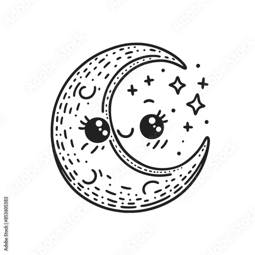 A cute cartoon moon with big eyes and a smiling face. The moon is surrounded by stars and is drawn in black and white