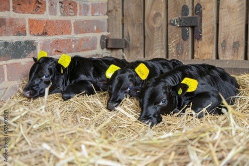 Cozy barn scene close up of three young calves with yellow ear tags resting on straw bed