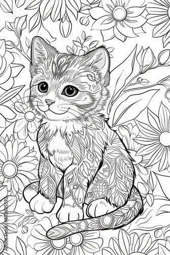 Adorable Kitten Surrounded by Flowers Line Art Drawing © Julia Jones