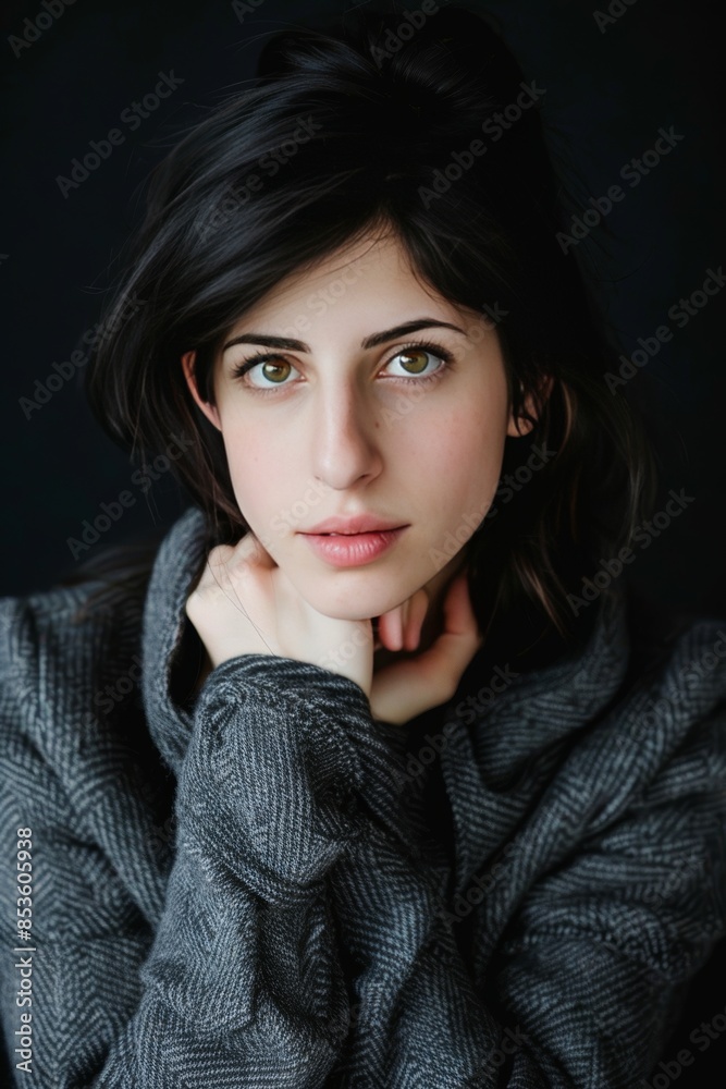 Stylish female portrait in grey blazer exuding confidence while gazing thoughtfully at the camera Stylish female portrait in grey blazer exuding confidence while gazing thoughtfully at the camera