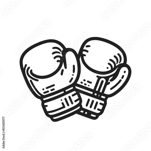 Two boxing gloves are drawn in black and white. The gloves are positioned in such a way that they appear to be in a boxing match. Concept of competition and athleticism