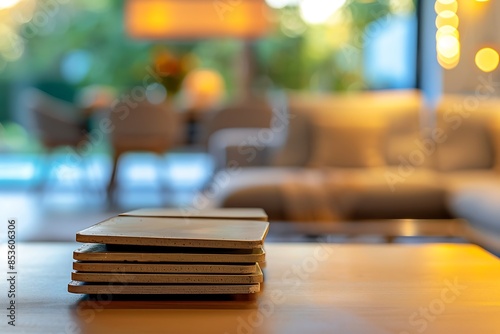 A modern interior with a blurred background of a soft-focus view of a set of chic, modern coasters